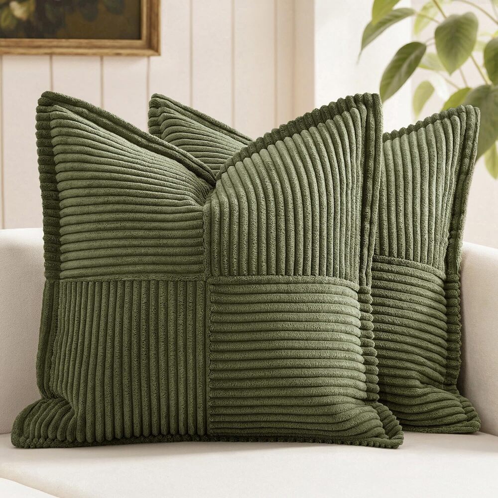 5937 Olive Green Corduroy Pillow Covers 16x16 Inch with Splicing Set of 2